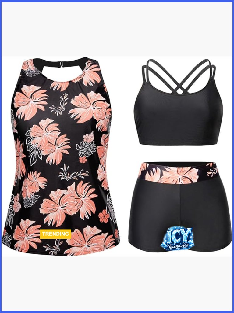 3 Piece Tankini Set High Neck Swim Top With Shorts